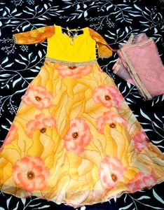 Yellow Floral Print Lehenga Choli Set