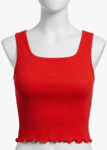 Red Ribbed Lettuce Hem Crop Top