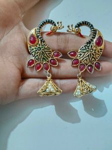 Peacock Design Earrings with Red Stones