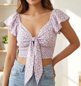 Cute Floral Tie-Front Crop Top
