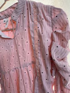 Pink polka dot ruched sleeve top