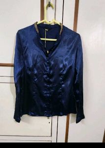 Fusion Party Navy Satin Embroidered Shirt