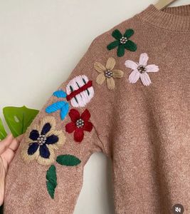 Brown Embroidered Floral Sweater