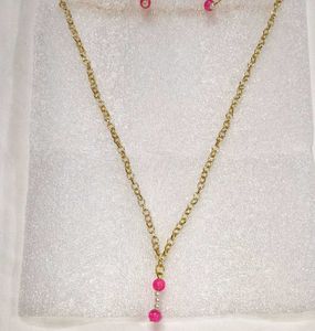 Gold Chain Necklace with Pink Beads &amp; Earrings