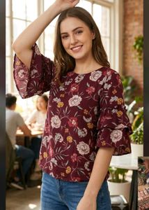 Maroon Floral Print Bell Sleeve Top