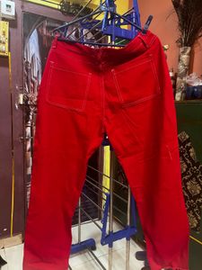 Red High-Waisted Zipper Jeans