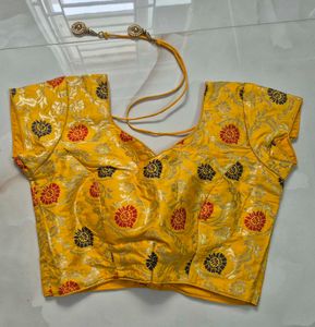 Yellow Brocade Blouse with Floral Print