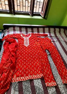 Red Printed Kurta with Dupatta Set