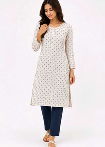 new long Cream Kurta with Navy Blue Print