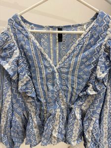 YAS Ruffle Schiffli Wrap Top