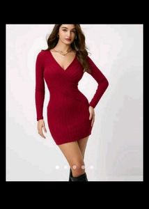 Stunning Ribbed Burgundy V-Neck Dress