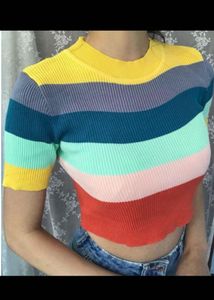Multi Color Stripes High Neck Sweater Top