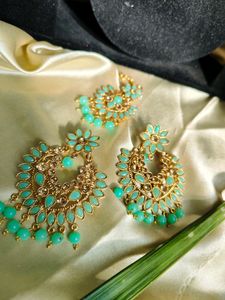 Ethnic Mint Light Green Earrings With Mangtika