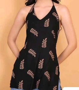 Stylish Black Leaf Print Halter Top