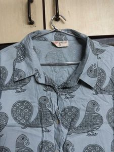 Light Blue Bird Print Button-Up Shirt