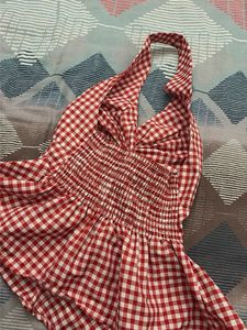 VIRAL Red Gingham Twist Front Halter Top