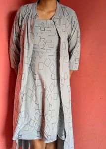 Grey Geometric Print Dress with Overlay