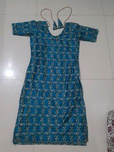 Customized V Neck  Sky Blue Net satin Kurti