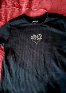 Black Ribbed T-Shirt with Heart Rhinestones