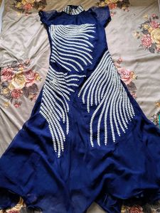 Elegant Navy Blue Golden Embroidery Dress