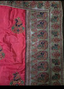 Embroidered pink cotton Silk Saree
