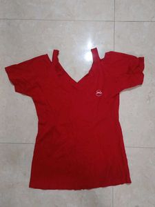 Red Cold Shoulder V-Neck T-Shirt