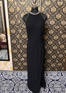 Elegant Black Maxi Dress with Embellished Neckline