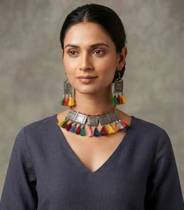 Oxidised Tassel Necklace and Earring Set