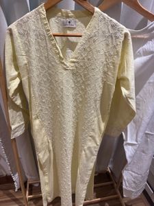Butter Yellow Cotton Chikankari Kurta with Mukaish