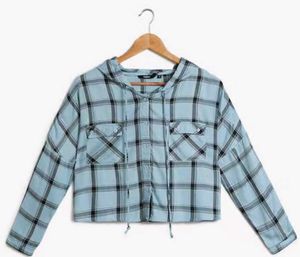 Light Blue Plaid Cropped Hoodie Shirt