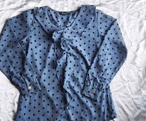 Chic Blue Polka Dot Ruffle korean style top