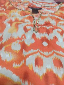 Orange Abstract Print Kurta with Embellishments
