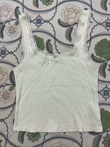 White Ribbed Lace Trim Tank Top