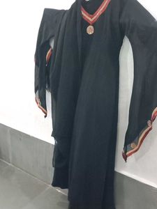 Elegant Black Abaya with Red &amp; Gold Trim