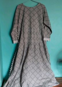 Elegant Grey Printed Kurti with Lace Detail Gown