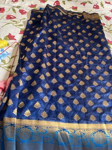 Silk Navy Blue With Sky Blu Border (with Blouse)
