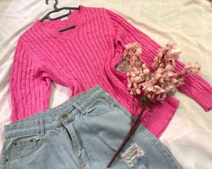 🎁Y2k Pink Cable V-Neck Sweater N