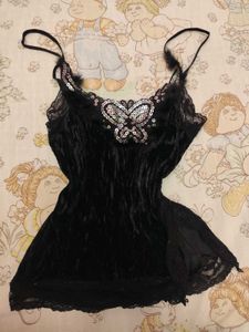Velvet Butterfly Fur and Sequin Detail Top