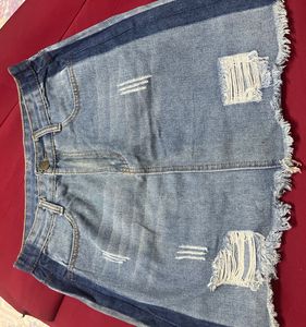 Distressed Denim Skirt with Side Stripes