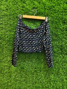 Off-Shoulder Ditsy Print Long Sleeve Crop Top