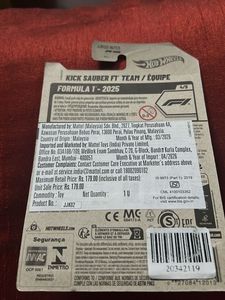 Hot Wheels F1 Kick Sauber Formula 1 Toy Car