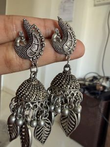 Oxidised Silver Peacock Jhumka Earrings