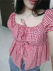 Red Gingham Puff Sleeve Top
