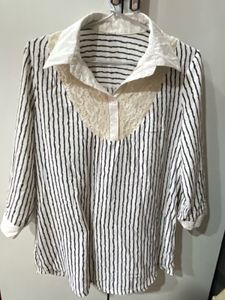 Striped Lace Trim Button-Up Top