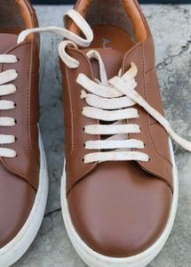 "AJIO Brown Leather Sneakers