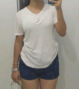 White V-Neck Top with Lace Sleeves