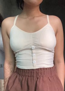 Cream Ribbed Button-Up Tank Top