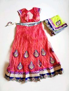 Pink and lime green heavy lengha embroidery net le
