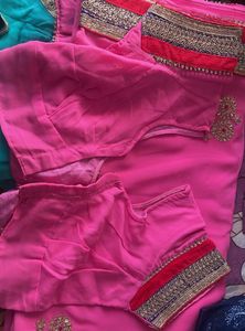 Bubblegum Pink Saree Heavy work &amp; Red velvet borde