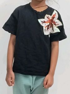 Black T-Shirt with Flower Applique